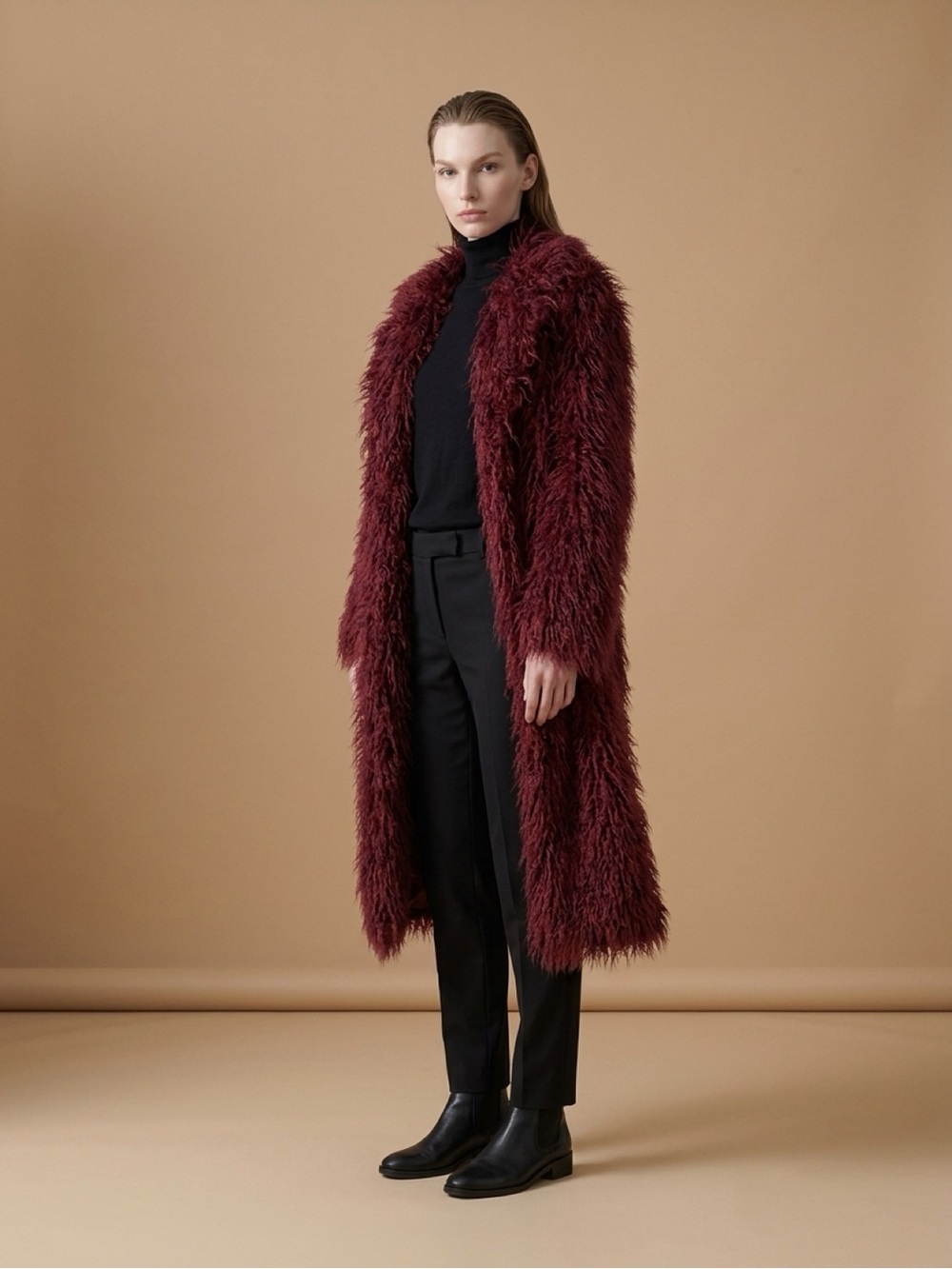 Trina Turk Long Shaggy Teddy Coat in Deep Wine